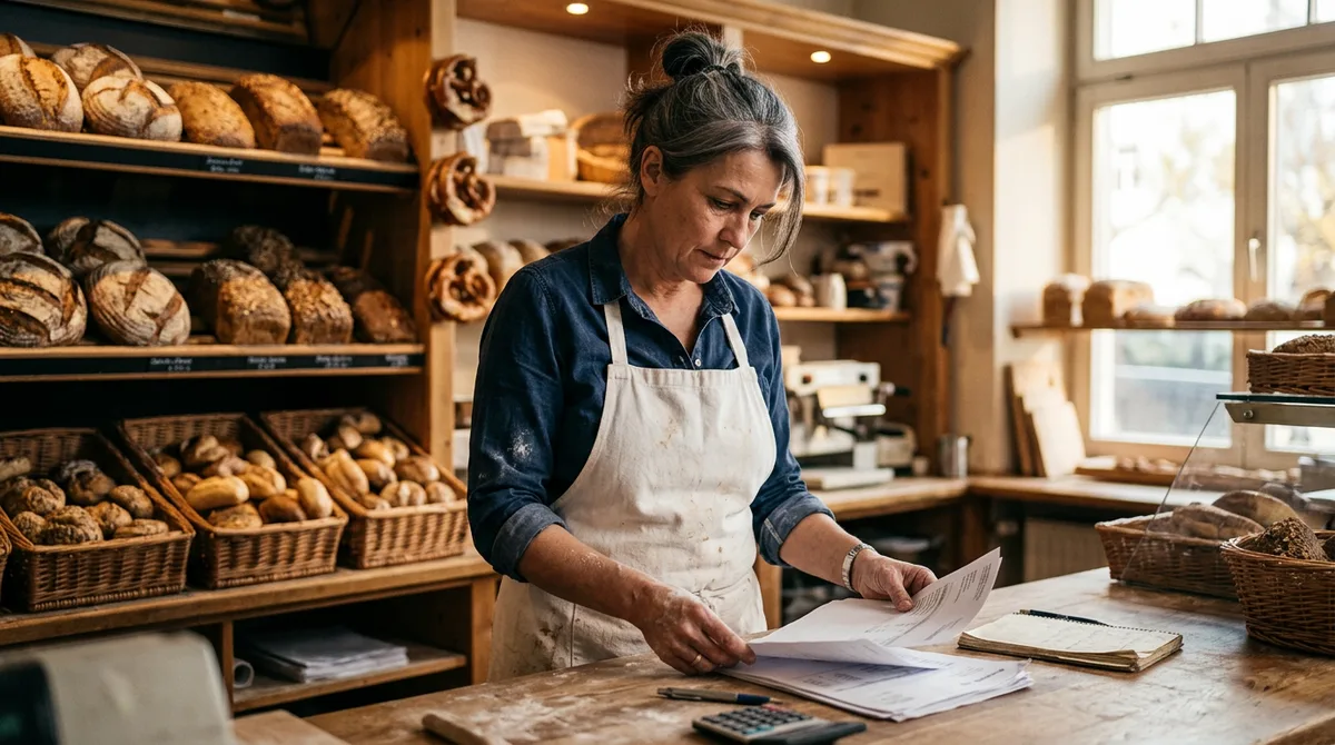 Anna Hauser, Geschäftsführerin der Bäckerei Hauser, prüft Energierechnungen in ihrer Filiale