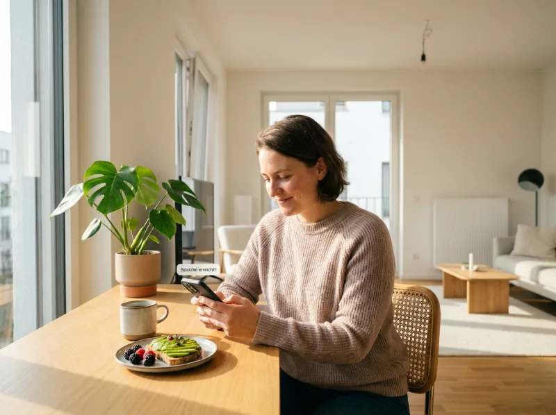 Entspannte Person am Morgen, zufrieden über die Ersparnis